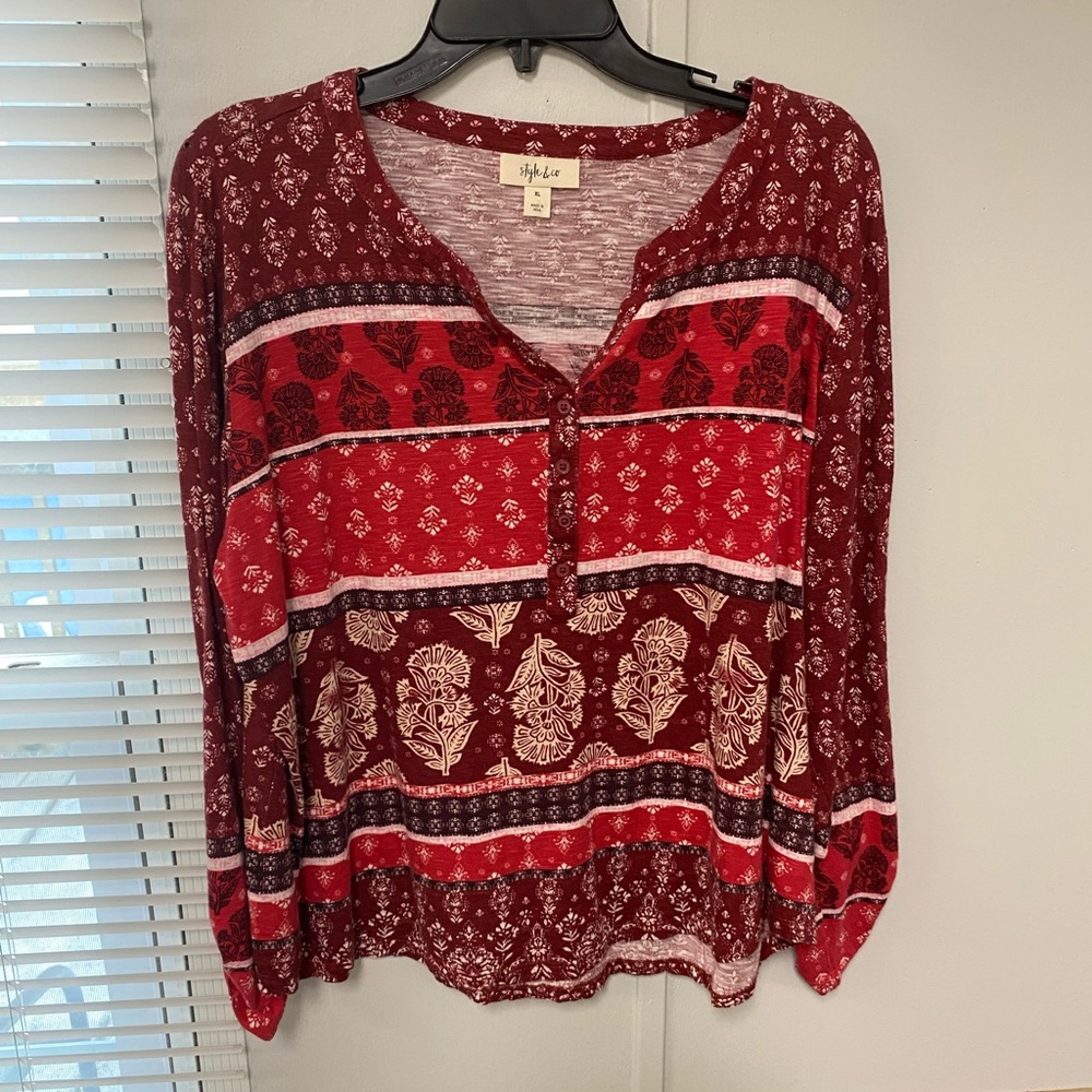 Style & Co. Red Relaxed Blouse with Mandarin Collar